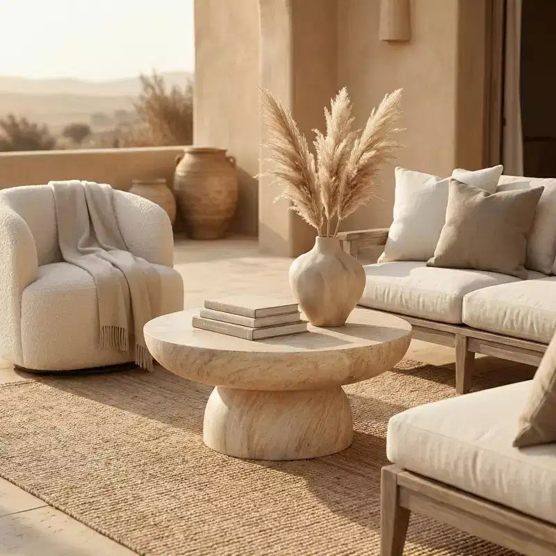 LeisureMod Lunexa runder Couchtisch, Fiberstone-Säulentisch als Akzenttisch für den Innen- und Außenbereich, skulpturales Design mit rutschfesten Fußpads