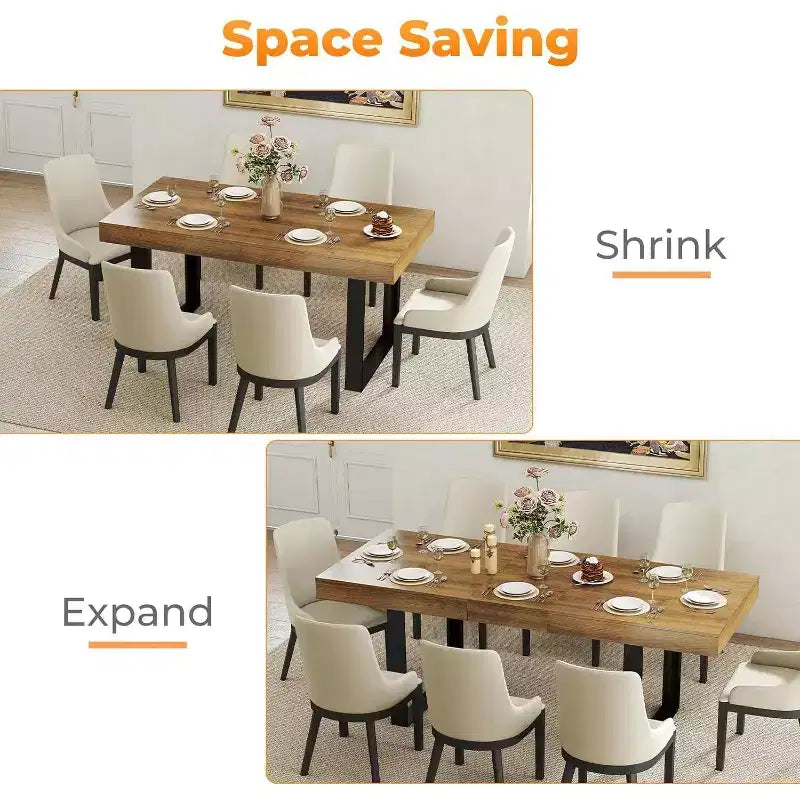 Zevemomo uitschuifbare eettafel van 63-78,7 inch, rechthoekige keukentafel voor 6-10 personen met metalen rail en taps toelopende U-vormige poten, voor eetkamer en kantoor - bruin