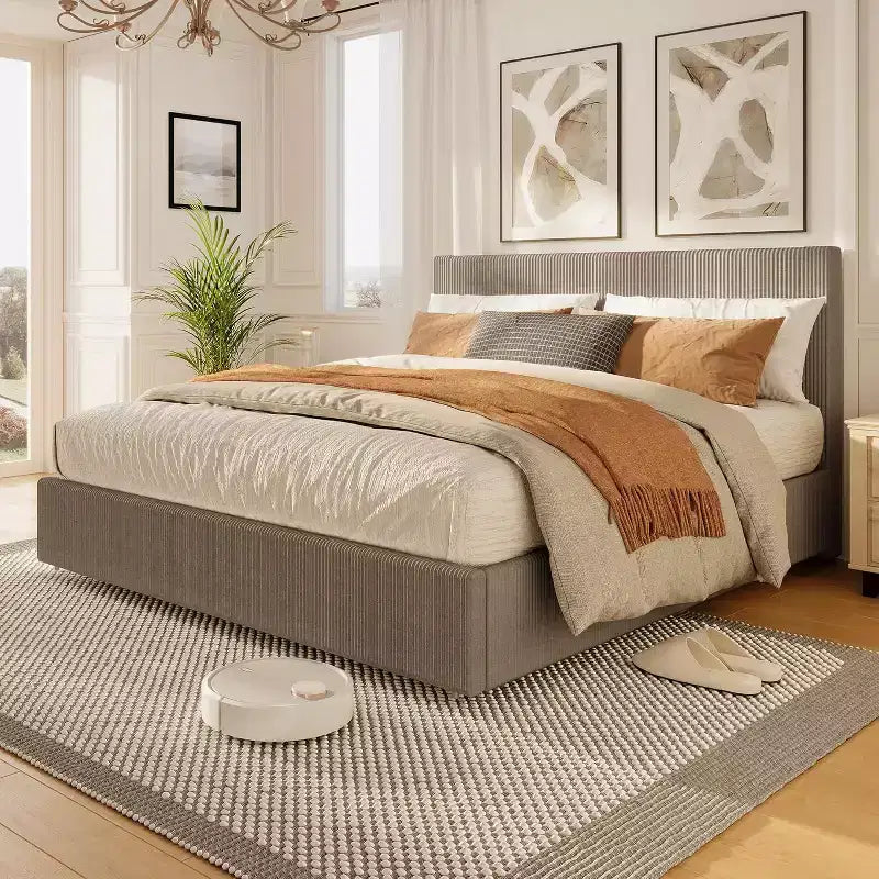 CuisinSmart corduroy bedframe met hoofdbord, gestoffeerd platformbed met 4 opbergladen en houten lattenbodem