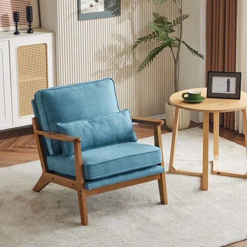 Fauteuil d'appoint rembourré en mélange de lin avec pieds en bois et un coussin, beige