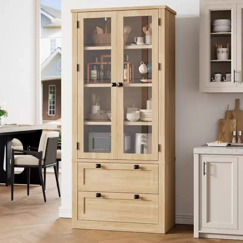 Armoire de rangement de cuisine style champêtre avec portes vitrées, meuble de rangement de 72 pouces avec tiroirs et étagères réglables pour la salle à manger, la salle de bains ou le salon