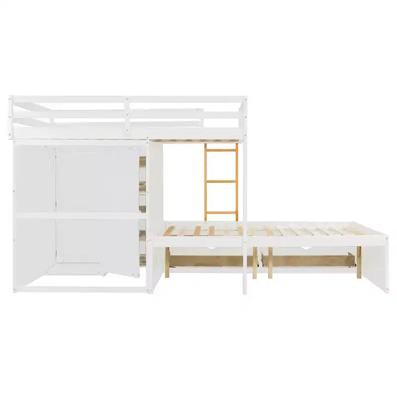 Stapelbed met twee volledige bedden, opbergkast en laden, houten ruimtebesparend stapelbed van volledig formaat met veiligheidshekje voor appartement of slaapkamer
