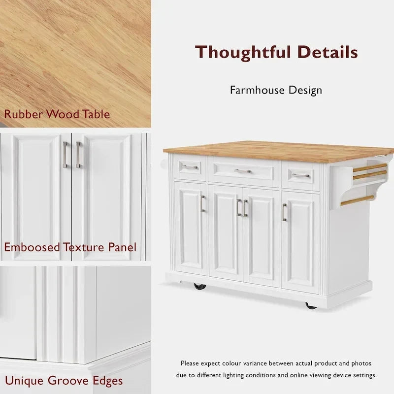 Grand îlot de cuisine avec rallonge rabattable en bois, desserte de cuisine roulante à texture embossée avec portes et tiroirs de rangement, blanc