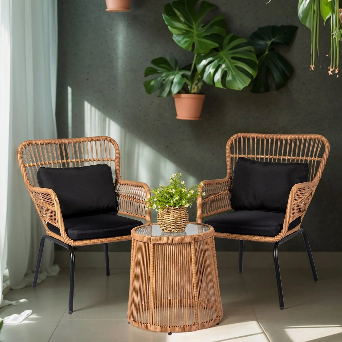 Ensemble bistro de conversation extérieur en osier de 3 pièces, mobilier de patio en rotin toutes saisons avec coussins