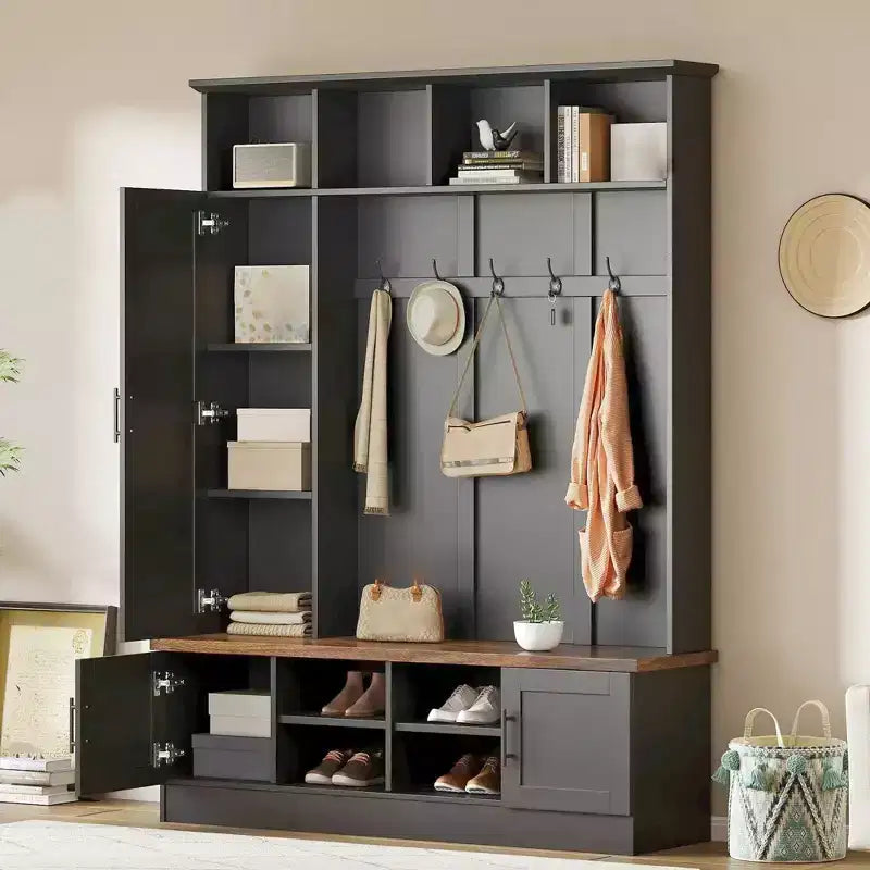 Garderobenständer für den Eingangsbereich mit Schuhbank, multifunktionale Garderobe mit 6 Haken, Garderobenleiste aus Holz mit Schuhaufbewahrung für Eingangsbereich und Wohnzimmer
