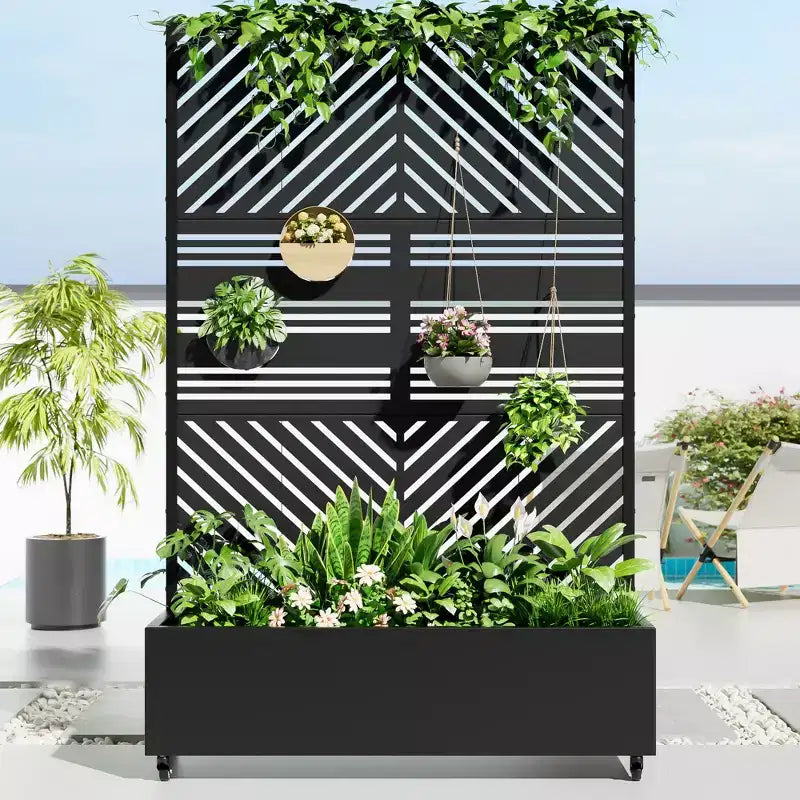 Jardinière MAYEERTY avec treillis, fer noir, lignes parallèles 01, style classique à persiennes combiné, 72x47x16 po, ensemble de 3 pièces