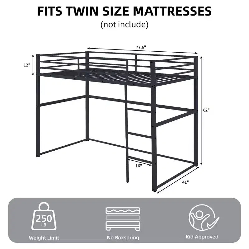 Metall-Hochbett Twin mit Schutzgittern und flacher Leiter