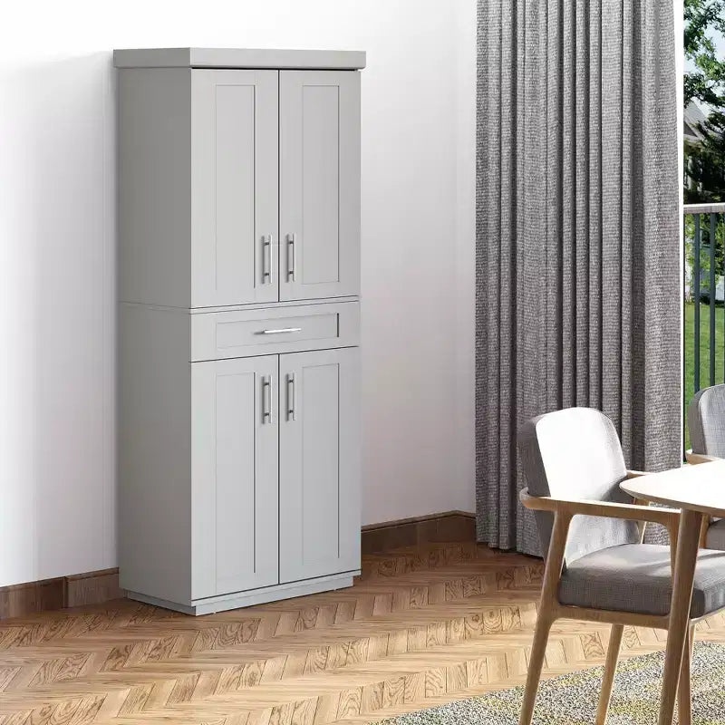 Meuble garde-manger de cuisine moderne autoportant avec portes et tiroir, étagères réglables