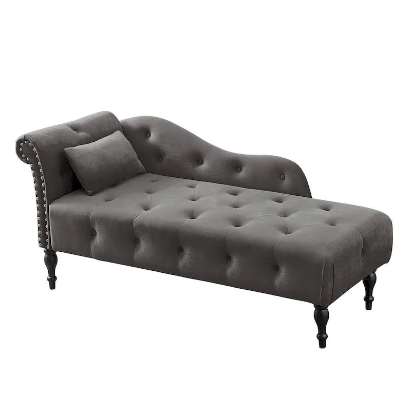 Chaise longue moderne de 60,6 po, revêtement en velours, boutons capitonnés, pieds en bois massif et clous décoratifs