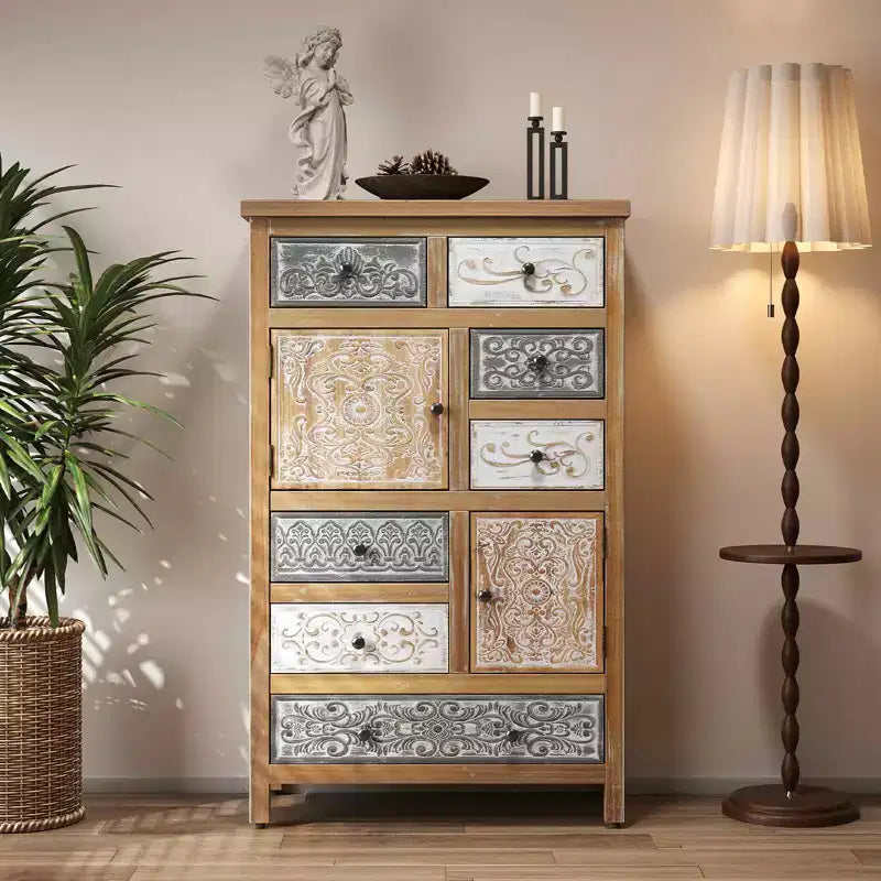 Vintage-Akzentschrank aus Holz mit 6 Schubladen und 2 Türen, rustikale, mehrfarbig geschnitzte Kommode fürs Wohnzimmer