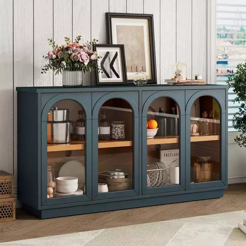 Großes Buffet-Sideboard mit 4 Türen und Glastüren, gewölbter Schrank mit verstellbaren Einlegeböden für die Küche