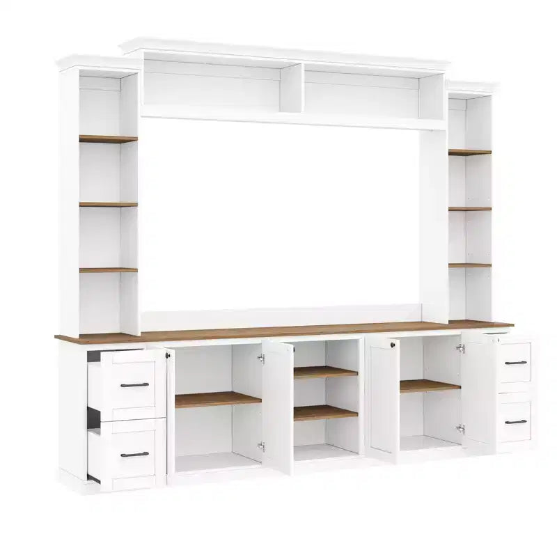 ModernLuxe 4-in-1-Farmhouse-Entertainment-Center als Wandeinheit, passend für Fernseher bis 70, TV-Ständer und Medienkonsole mit verstellbaren Regalen und Schubladen