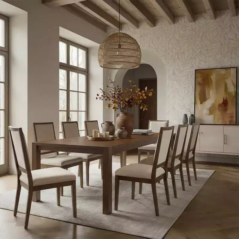Moderne eetset - tafel van 80 + 6 stoelen met kussens, frame van massief hout, tafel draagvermogen van 400 lbs, eenvoudige montage