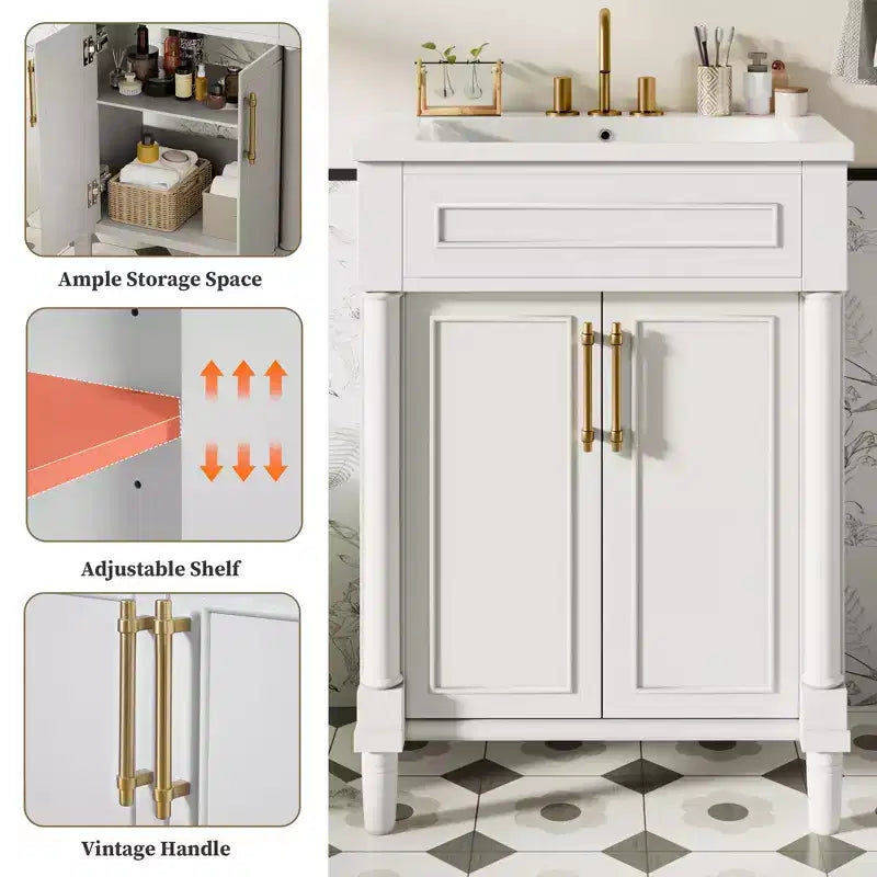 Badkamermeubel van 24 inch met keramische wastafel, Shaker-kast, 2 softclose-deuren en massief houten frame voor een kleine badkamer of toiletruimte
