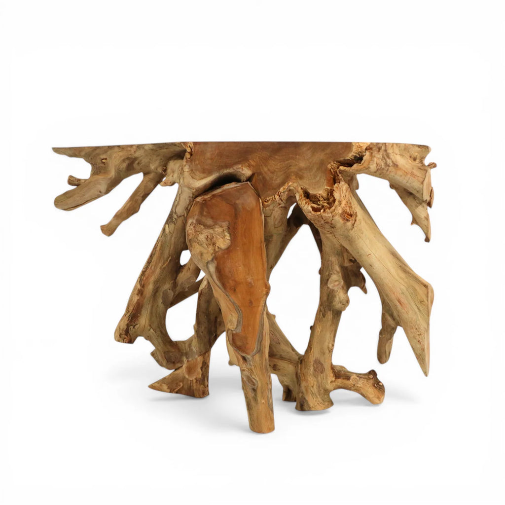 Table console en teck naturel biologique avec élément sculptural — entrée