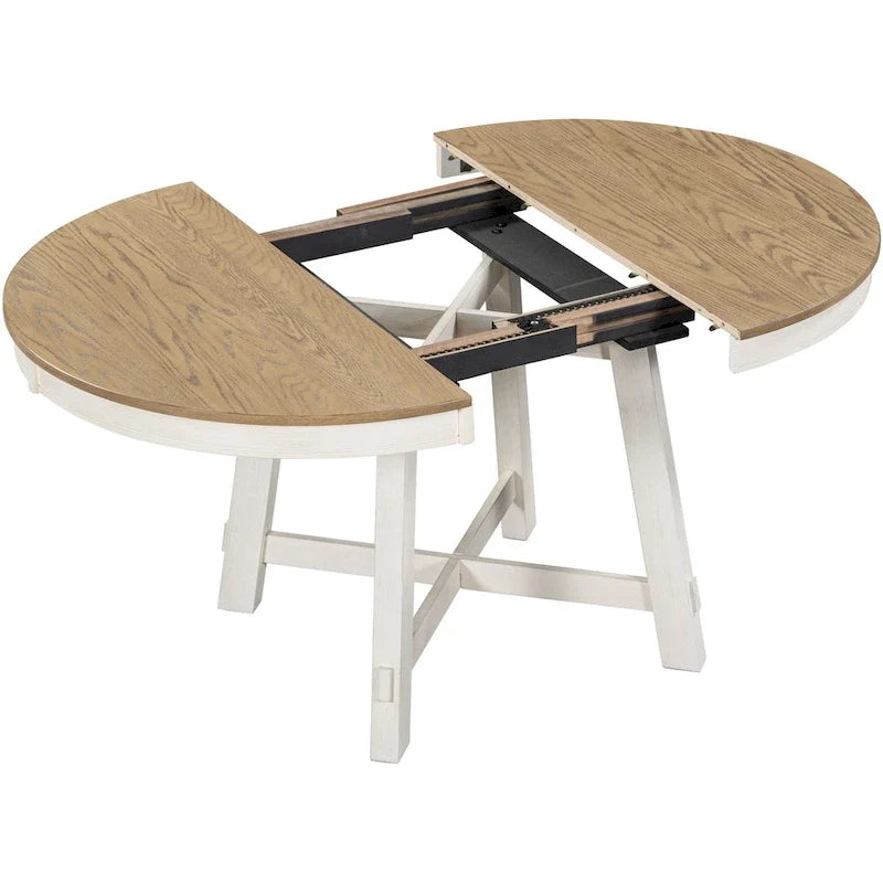 Ronde uitschuifbare eettafel in landelijke stijl met houten keukentafelblad en verlengblad van 16 inch