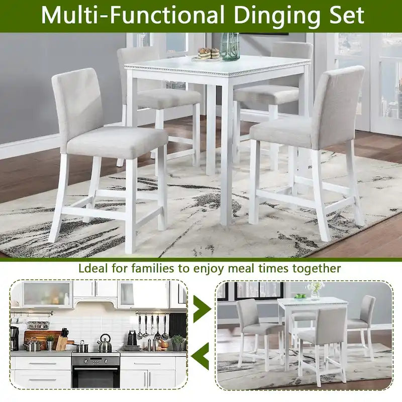 Ensemble de salle à manger moderne de 5 pièces avec table carrée à hauteur de comptoir et 4 chaises rembourrées