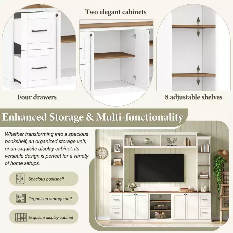 ModernLuxe 4-in-1-Farmhouse-Entertainment-Center als Wandeinheit, passend für Fernseher bis 70, TV-Ständer und Medienkonsole mit verstellbaren Regalen und Schubladen