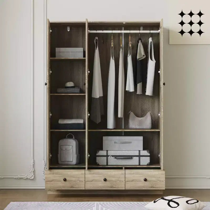 Armoire en rotin Famapy avec 3 tiroirs, placard à 3 portes en rotin respirant, grande armoire de rangement de style champêtre pour chambre