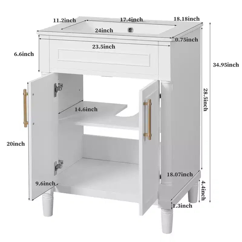 Badkamermeubel van 24 inch met keramische wastafel, Shaker-kast, 2 softclose-deuren en massief houten frame voor een kleine badkamer of toiletruimte