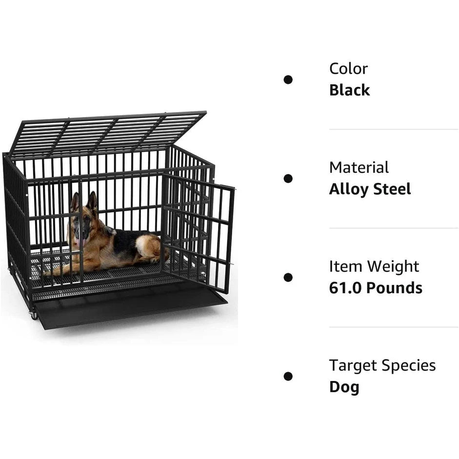BOSSIN 48/38 inch Heavy Duty Indestructible Dog Crate, Escape Proof Dog Cage Kennel with Lockable Wheels