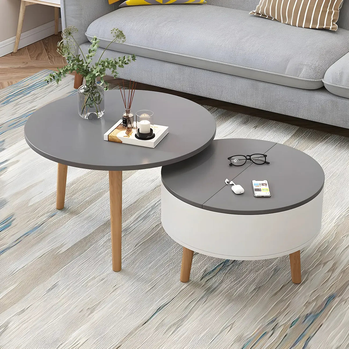 Moderne ronde houten salontafel in zwart en wit met opbergruimte