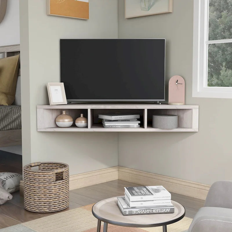 Meuble TV d’angle suspendu 47, 3 étagères, style transitionnel, fixation murale peu encombrante