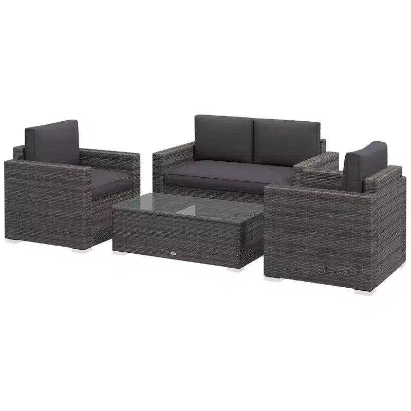 4-delige rotan loungeset, rieten terrasbankstel met loveseatstoelen en salontafel met glazen blad voor de tuin