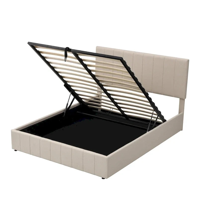 Gestoffeerd platformbed in queen-size met hydraulisch opbergsysteem - beige