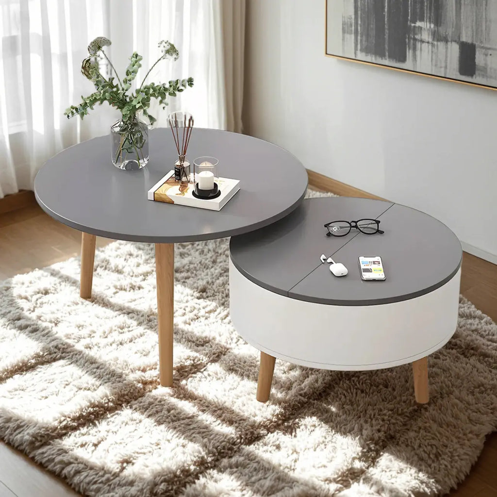 Moderne ronde houten salontafel in zwart en wit met opbergruimte