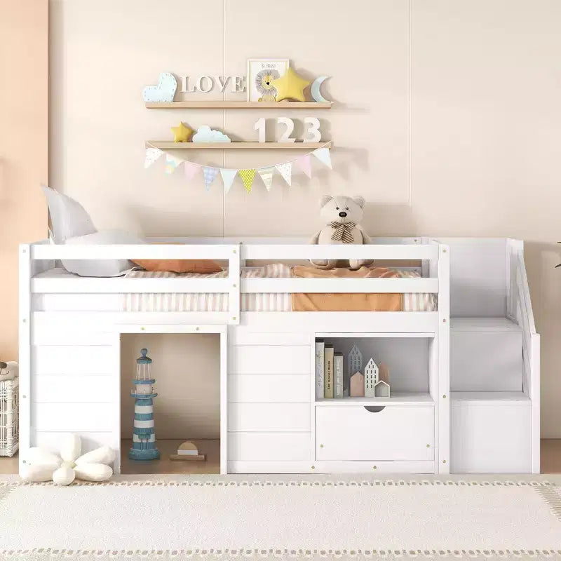 Lit mezzanine simple Okak en bois massif avec escalier et rangement, lit superposé simple bas avec tiroirs et étagères, lit mezzanine multifonctionnel pour enfants et adolescents