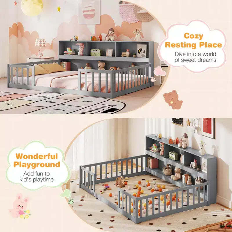 Łóżko podłogowe Montessori w rozmiarze Twin/Full z półkami na książki i miejsce do przechowywania oraz barierkami ochronnymi, białe/szare