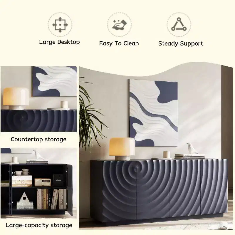 59 moderner Spiralen-Sideboard-Schrank, niedriges dekoratives Aufbewahrungsmöbel für den Eingangsbereich mit Türen in 3D-Wellenoptik