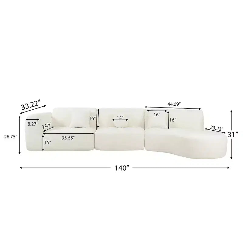 Moderne gebogen hoekbank van 140 inch met chaise longue, 3-delige set voor de woonkamer