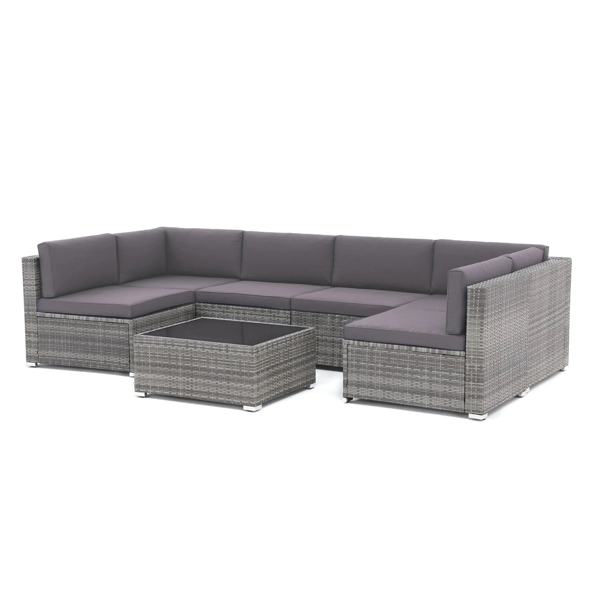7-delige outdoor loungeset van vlechtwerk en staal met kussens
