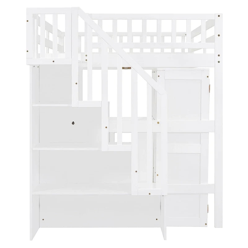 Lit mezzanine deux places avec escalier, bibliothèque, bureau et armoire – meuble multifonction gain de place pour enfants et adolescents – blanc