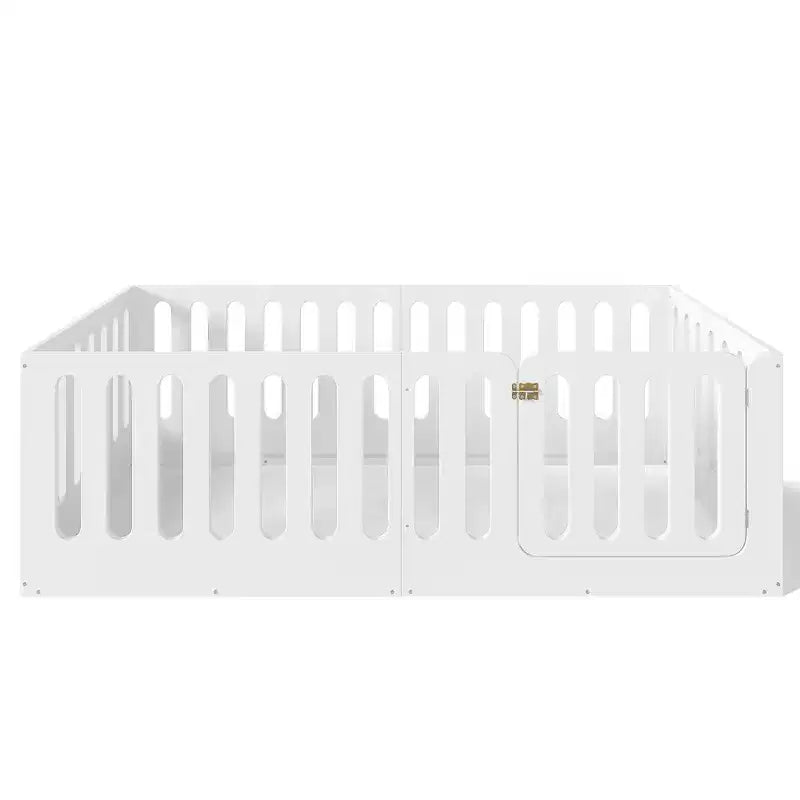 White Twin Montessori Floor Bed with Fence Rails & Door ??Solid Wood, 1 Child