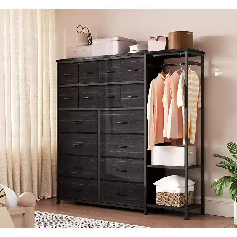 Commode avec 16 tiroirs, tringle et étagères, organisateur de rangement en tissu pour chambre, dressing ou entrée
