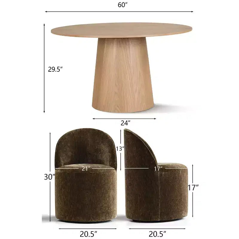 Modernes Esszimmer-Set für 6 Personen, runder Esstisch mit Säulenfuß, drehbare Fassstühle mit Rollen, Chenille-Strukturstoff – Panipeachy