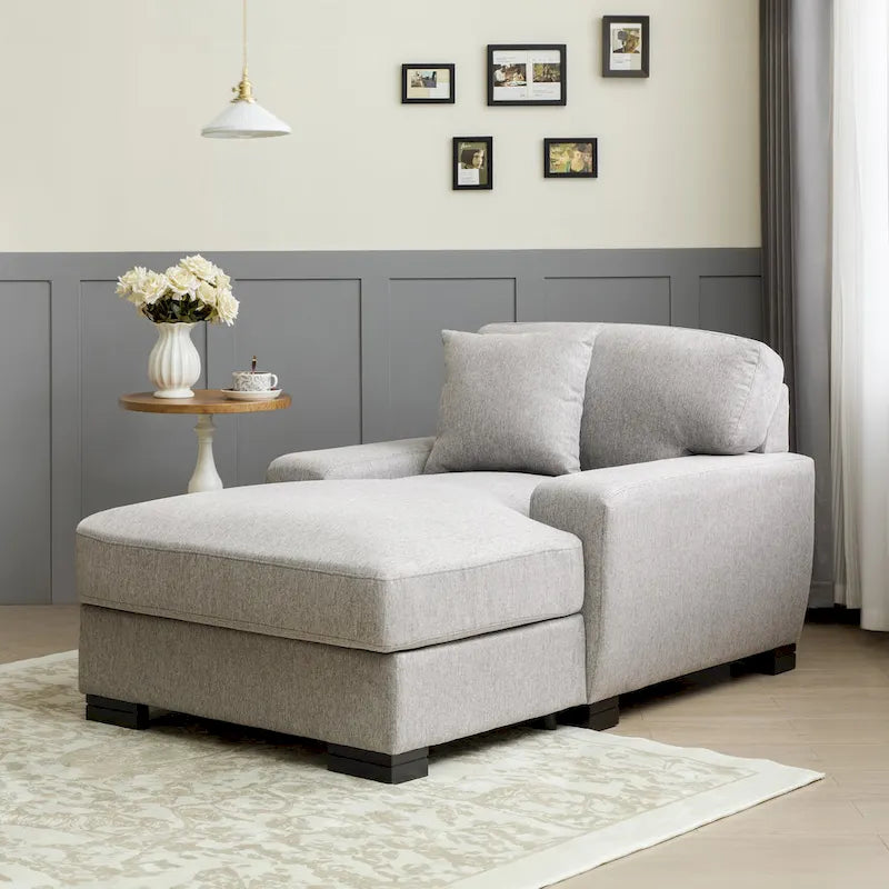 Nowoczesna, ponadgabarytowa sofa z szezlongiem i funkcją spania w stylu mid-century, z poduszką