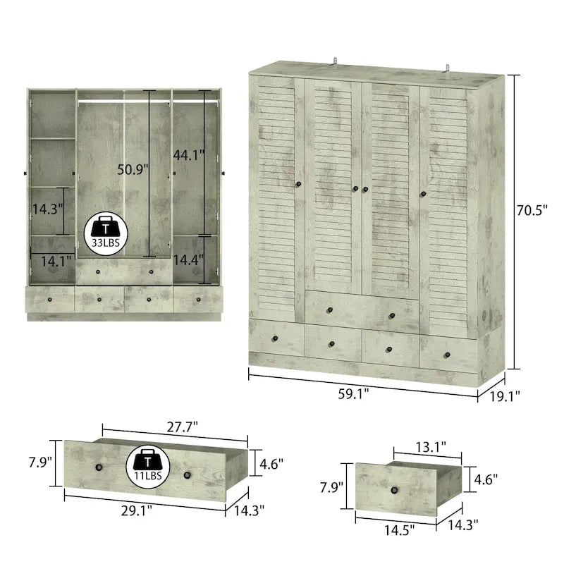 Armoire-penderie blanche de 59 po de large, grande armoire autoportante