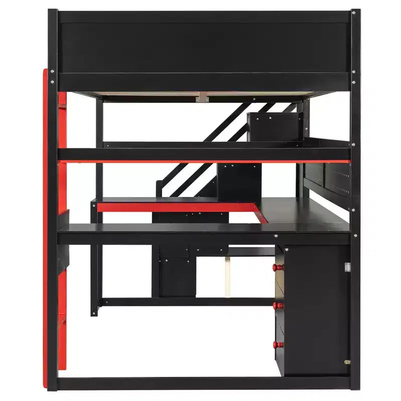 GDFStudio Scott Holz-Hochbett zum Spielen mit Stauraumtreppe, Schreibtisch, Regalen und Lochwand