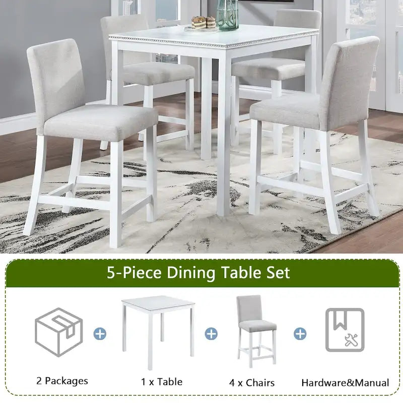 Ensemble de salle à manger moderne de 5 pièces avec table carrée à hauteur de comptoir et 4 chaises rembourrées