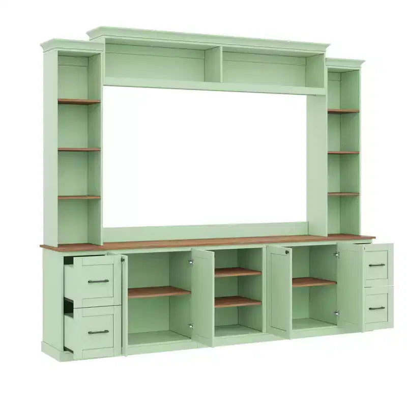 ModernLuxe 4-in-1-Farmhouse-Entertainment-Center als Wandeinheit, passend für Fernseher bis 70, TV-Ständer und Medienkonsole mit verstellbaren Regalen und Schubladen
