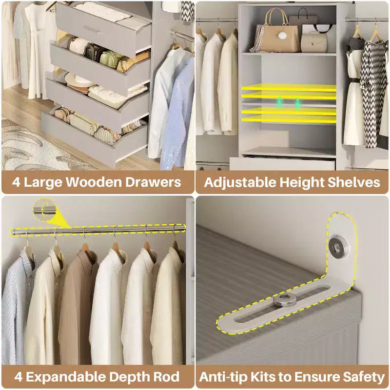 Sistema organizzatore per armadio in legno Besiost da 4-9 piedi, con 4 cassetti, 4 barre appendiabiti e moduli a ripiani