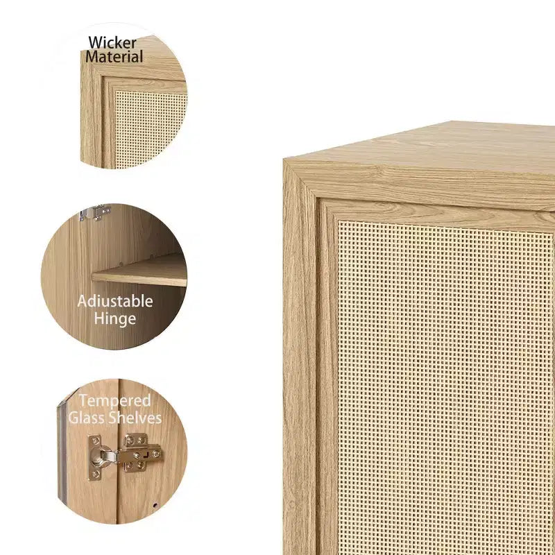 Credenza decorativa nera in vimini effetto legno alta 62 cm con anta e 12 ripiani