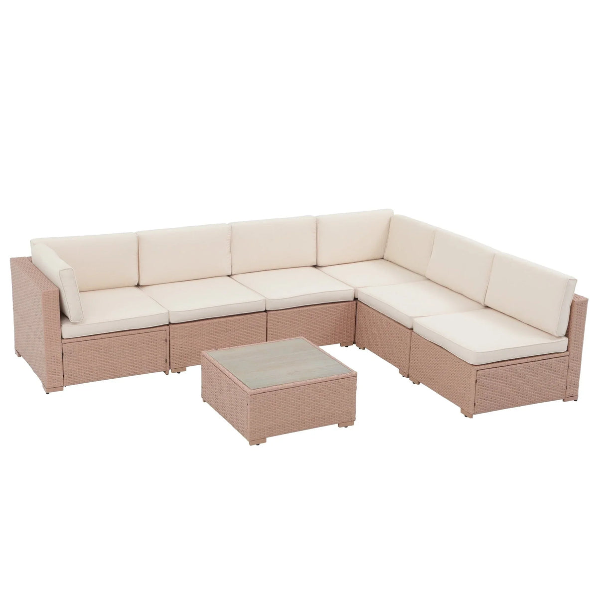 7-delige outdoor loungeset van vlechtwerk en staal met kussens