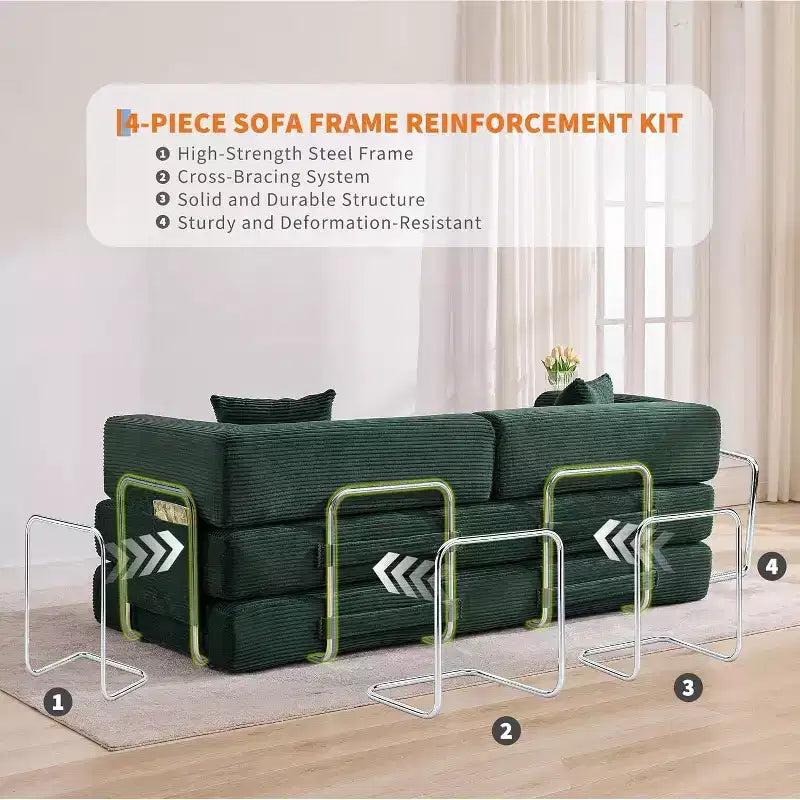 Cord-Sofabett mit Kissen, umklappbaren Armlehnen und Rückenlehne, geeignet für Wohnzimmer, Schlafzimmer und Wohnungen.