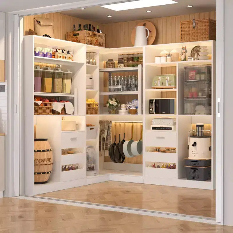 Besiost 3-teiliges Eck-Kleiderschranksystem mit Regalböden und Schubladen, freistehender Kleiderschrank-Organizer mit Kleiderstangen
