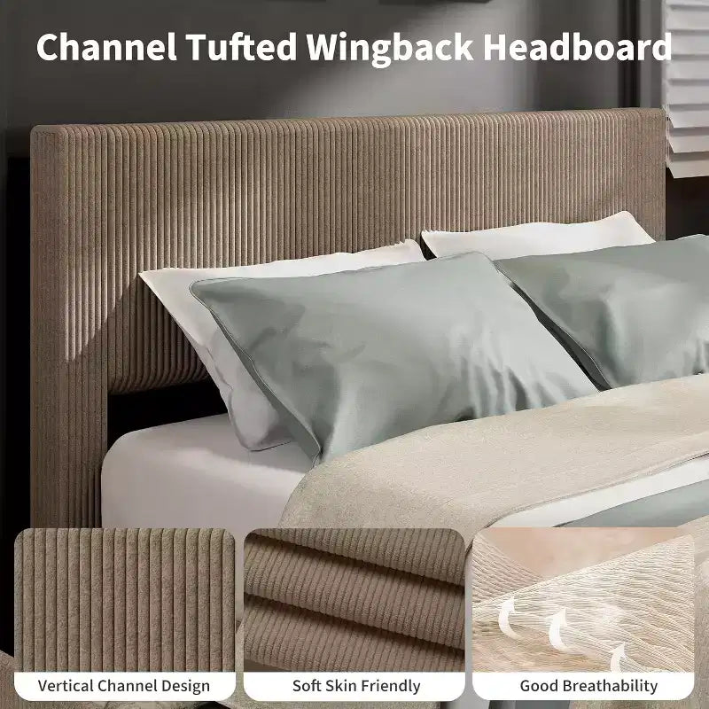 CuisinSmart corduroy bedframe met hoofdbord, gestoffeerd platformbed met 4 opbergladen en houten lattenbodem